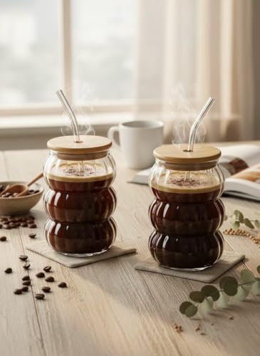 Image of SUANI Bubble Shape Glass Tumbler with Lid and Straw, 500ml Transparent Drinking Glass Cup for Iced Coffee, Cold Coffee, Juice, Smoothies, Milk, Tea and Beverages, Pack of 2