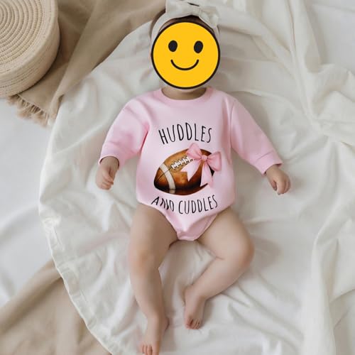 Sasaerucure Newborn Infant Baby Girl Game Day Outfit Huddles and Cuddles Football Baby Long Sleeve Romper Pink Bow Onesie3