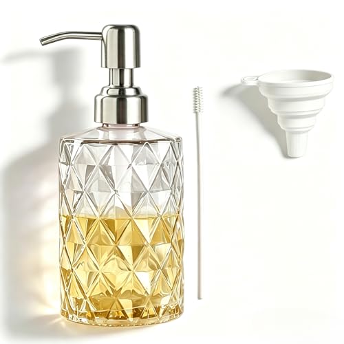 Easy Tang Glass Hand Dish Soap Dispenser for Bathroom Kitchen 12 Oz Crystal Design with Silver Pump Refillable Liquid Soap Dispenser (Clear)