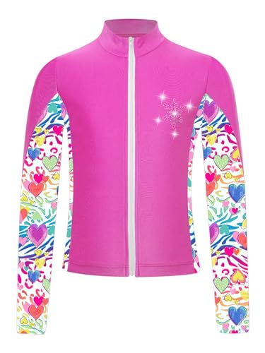 YEAHDOR Kids Girls Athletic Sport Jacket Zipper Figure Ice Skating Training Top Long Sleeve Sparkly Rhinestone Coat Hot Pink 4 Years