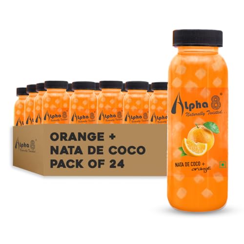 Image of ALPHA 8 FRUIT Juice with NATA De Coco Coconut Cubes Natural Energizer & Immunity Booster, Healthy Juice, High Fiber, Real Natural Taste((Orange Juice, Pack of 24)