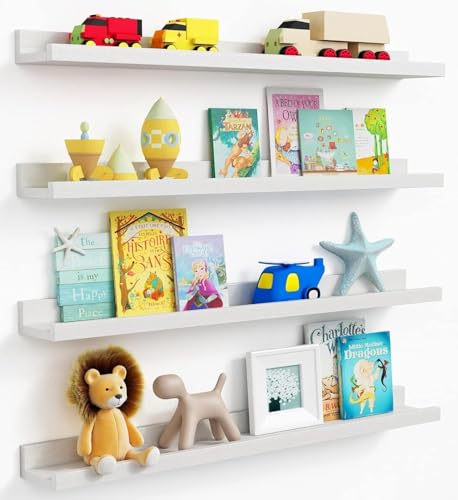 Forbena 36 Inch Floating Shelves for Wall 4-Pack, Large Nursery Book Shelves Bookshelf for Kids Bedroom, Long Picture Ledge Shelf with Lip for Living Room Photo Frames Art Display (White Solid Wood)