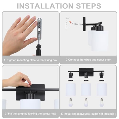 Image of 3-Light Bathroom Vanity Light Fixtures, Black Modern Vanity Light Over Mirror, Modern Wall Light with Milky White Frosted Glass Shade for Bathroom Bedroom Living Room Kitchen Hallway