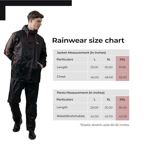 Image of Lifelong Men's Raincoat Set | Waterproof Polyester Double-Coated Reversible Rain Suit | Hooded Jacket with Inner Mobile Pocket & Pants | Standard Length for Hiking, Camping XXL Black With Red Stripe