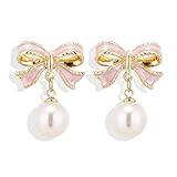 Pink Bow Earrings for Women Trendy Stuff Cute Bow Pearl Drop Dangle Earrings Bowknot Stud Wedding Party Daily Jewelry Accessory Gifts Christmas Stocking Stuffers