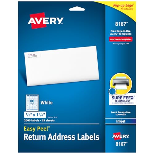Avery Printable Return Address Labels with Sure Feed, 0.5' x 1.75', White, 2,000 Blank Mailing Labels (08167)