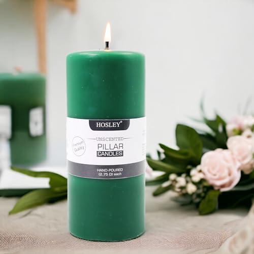Image of HOSLEY 6 Inch Long Unscented Green Pillar Candles| Decoration Candles|Soy & Paraffin Wax Candles Perfect for Home Decor, Party, Wedding, Gifting|90 Hours Burn Time|Smokeless & Dripless|Pack of 1