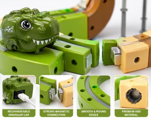 Image of TOYSTODAY Magnetic Building Block Track Car Set for Kids 3+ | DIY Construction Race Track Toy with Magnetic Blocks & Track Cars | STEM Learning Educational Toy Gift for Boys & Girls (Dino 59 PCS)