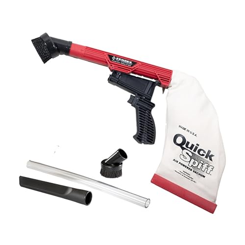 Zendex Tool - QuickSpiff Venturi Air Vacuum with Easy Empty Dust Bag - No Electricity Pneumatic Vacuum with Powerful Suction for Industrial and Personal Use - Red