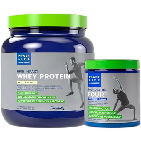POWERLIFE Tony Horton High Impact Grass Fed Whey Protein with 3000 MG of HMB (Vanilla - New Formula) + Foundation Four Greens Drink with Pre & Pro Biotics, Essential Magnesium (Strawberry) Cover