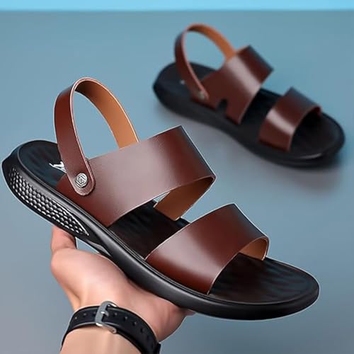 Men's Leather Fashion Sandals - Open Toe with Adjustable Ankle Strap - Slip-On Beach Shoes - Non-Slip Soft Comfortable Slides3