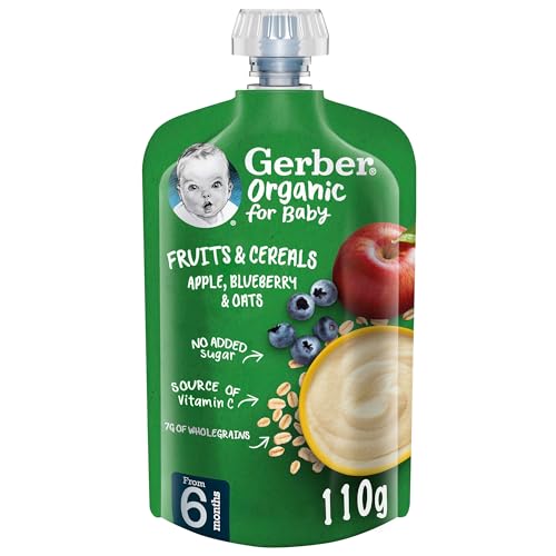 Gerber Organic Baby Food Puree Pouch Apple Blueberry & Oats Source of Vitamin C No added sugar No artificial flavors No preservatives 110g (6m+)
