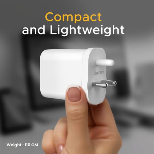 Image of Oakter 65W Fast Charger | Type-C Fast Charging Adapter for Laptop, Mobile, MacBook, iPhone 15 & Newer, iPad, Samsung | White | 3- Pin Plug (Adapter with Cable)