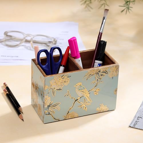 Image of DULI Multipurpose Stand, Cutlery Holder, Spoon Stand, Table Organizer with 2 Sections, Chammach Stand (10cm x 15cm) (MCDPSDbl- AquaGoldBirds)
