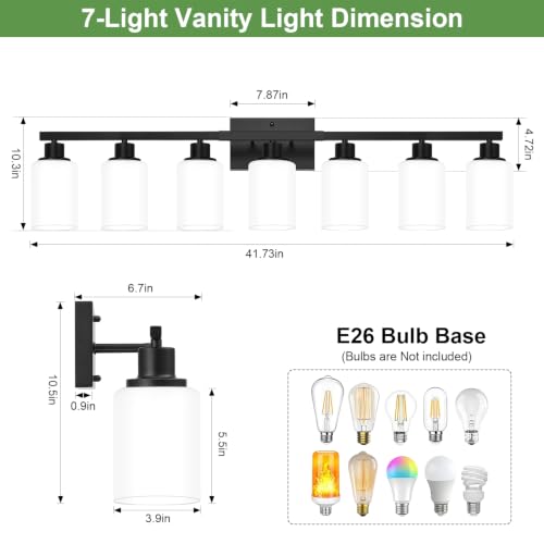 Image of MOKATNG 7-Light Bathroom Light Fixtures, Vanity Light with Milky White Shades, Matte Black Bathroom Light Fixtures Over Mirror, Modern Bathroom Wall Lamp for Mirror Living Room Cabinet Bedroom