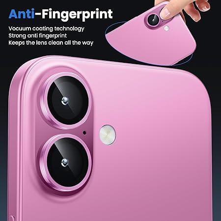 Image of for iphone 16 /16 Plus camera lens protector Tempered Glass Aluminum Alloy Ring with Camera Cover (Pink)