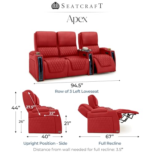 Image of Seatcraft Apex Red Italian Leather Home Theater Seating, Zero Gravity Power Recliner Chair, Powered Headrest and Lumbar Gaming and Lounge Sofa Furniture for Cinema Room, Row of 3 Left Loveseats