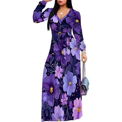 Image of PinkPatty Women's Print Maxi Dresses 3 /4 Sleeve Flowy Long Dress V Neck Wrap Tie Waist Sundress