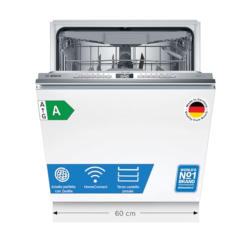 Bosch SMV6YCX02E Serie 6, Lavastoviglie Smart da incasso a scomparsa totale, Cestelli adattabili, Asciugatura con Zeolite, Indicatore lavaggio a pavimento, Acciaio a ridotte emissioni, 60 cm.