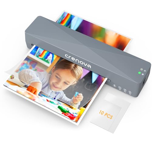 Crenova A4 Laminator, Thermal Laminator Machine for Hot and Cold Settings with 10 Laminating Pouches No Bubbles for School Home Use (Gray)