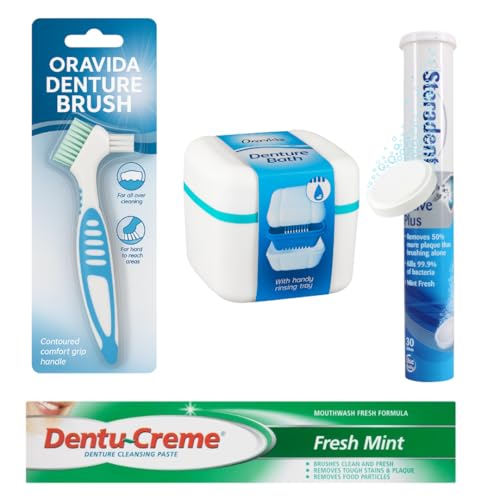 Oravida Complete Denture Cleaning Kit Denture Bath with Brush Steraadent Cleaning 30 Tablets & Dentu-Creme Cleaning Paste (75ml) False Teeth Cleaner Set for Deep Hygiene & Daily Freshness
