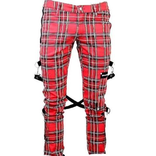 Punk Style Plaid Pants, Red Tartan with Black Straps, Cross Strap Design,Trousers Unisex Tartan Pants Emo Punk Gothic Tapered