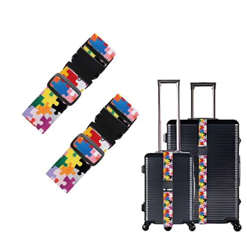 Image of 2 Pack Luggage Straps for Suitcases, Adjustable Travel Belt with Buckle, 2 inch Wide Heavy Duty Suitcase Straps for Summer Vacation, Colorful Puzzle Pattern, Travel Essentials, Multi-Color