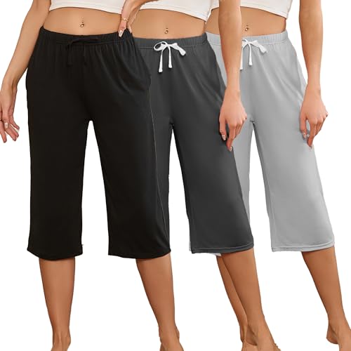 Image of U2SKIIN 3 Pack Womens Pajama Pants Capri Lounge with Pockets Comfy Drawstring Pj Bottoms Casual Summer Sleep