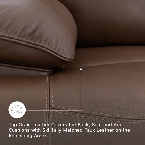 Image of Ashley VonRyan Power Reclining Loveseat with Console, Top Grain Leather Seating, Fully Assembled, Ideal for Living Room, Tobacco Brown, 81 inch W