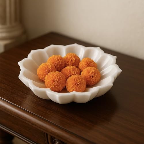 Image of Marble Urli Bowl for Decoration | Big Potpourri Decorative Bowls in Home decor | Large White Floating Flower Plates of Stone | Small Shape puja Item | (6 inch, Petal Glow)