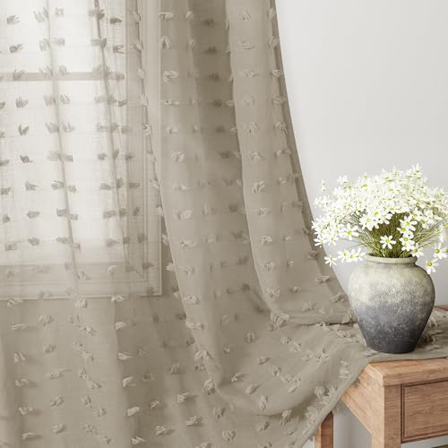 Guken Lot de 2 rideaux transparents de 274 cm de long pour salon, chambre à coucher, 132 cm de large, rideaux à pompons touffetés semi-transparents avec passe-tringle pour enfants, chameau, 132 x