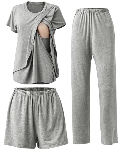 Image of Rnxrbb 3 Piece Postpartum Nursing Pajamas Set Casual Soft Maternity Breastfeeding Pjs Sleepwear Loungewear Clothes Layer