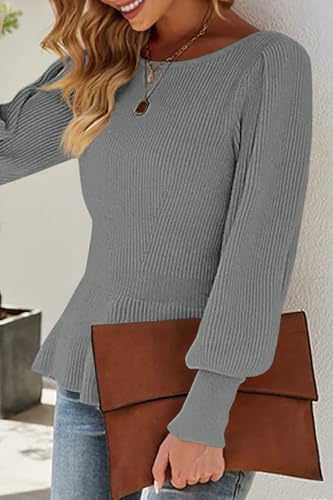 Image of Womens Fall Puff Sleeve Peplum Casual Slim Fit Knit Pullover Sweater Jumper Tops