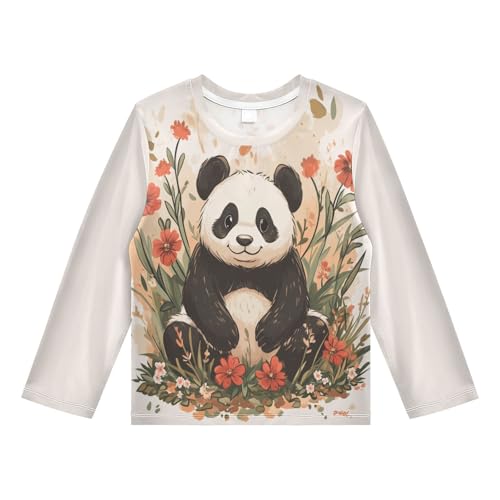 Panda Flowers Beige Boy's Rash Guard Swim Shirt Long Sleeve Sun Shirt for Swimming Pool Beach UPF50+