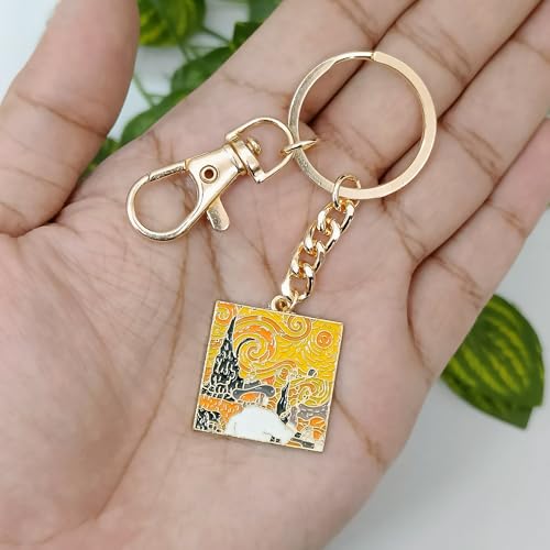 Image of Van Gogh Keychain for Men & Women, Starry Night & Wheatfield Painting Aesthetic Keychains, Handcrafted, Durable Anti-Tarnish Metal Key Ring for Car, Bike, Travel, Bags, Gifting