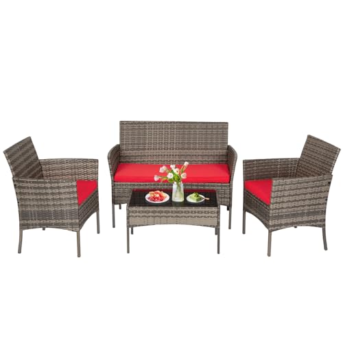 Image of FDW 4-Piece Patio Furniture Set | Gray & Red |Outdoor Wicker Furniture