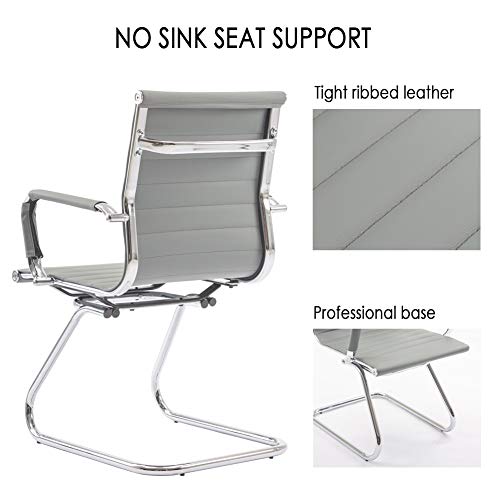 Image of Conference Room Chairs Set of 2, Waiting Room Chairs with Arms, Faux Leather Reception Chairs No Wheels, Office Guest Chairs with Mid Back Support and Chrome Sled Base, Grey