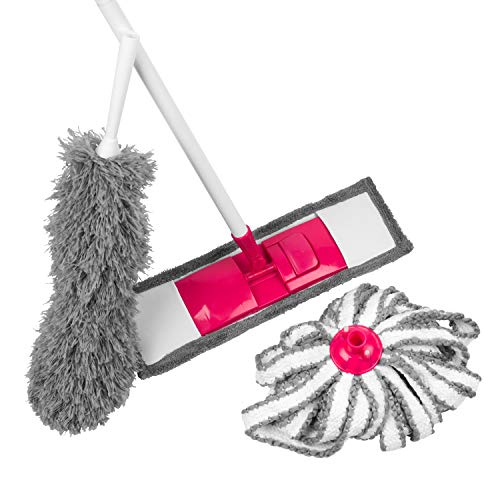 Kleeneze® KL065957EU 4-Piece Cleaning Set | Includes Flat Mop, Microfibre Duster, Mop Head and Interchangeable Handle | Compact Design | Grey/Pink