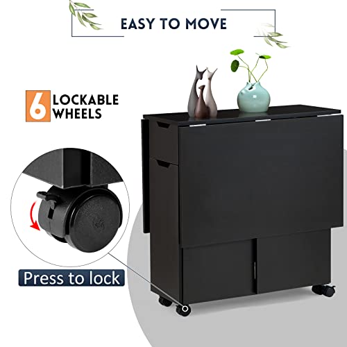 Jomeed Folding Dining Table With 6 Wheels, Drawer And 2-Layer Storage Shelf, Drop Leaf Table For Small Space Space Saving Dining Table For Kitchen, Living Room (Black Walnut) #TOP3