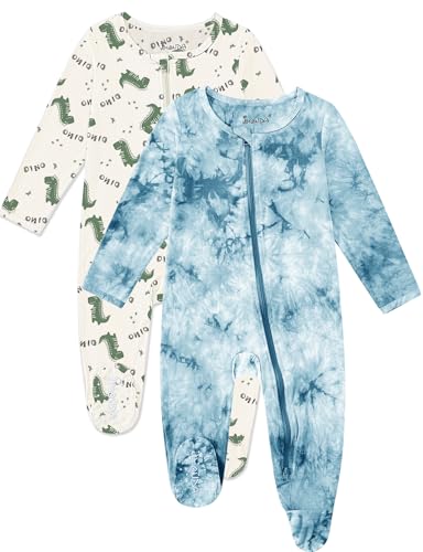 Image of Jimonda Baby Girls Boys Footed Pajamas,Rayon From Bamboo,2 Way Zipper Long Sleeve Soft Sleeper Pjs,Infant Tie-dye Romper