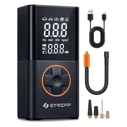 Image of STRIFF EZ air tyre Inflator with 150 PSI Pressure, 4000 mAh Battery PowerBank,Tyre Inflator Digital Display, Pressure Detection, 5 Air Fill Modes Tyre Pump Compressor for Cars, Bikes, Bicycles & Balls