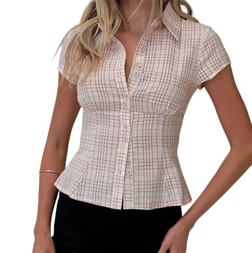 Image of Y2k Girls Vintage Coquette Button Down Shirt Women Short Sleeve V-Neck Slim Fitted T-Shirt Cute Blouse Crop Top