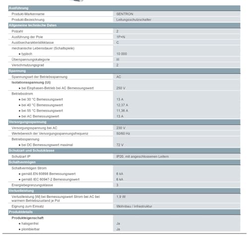 Siemens 5sl6 - Automatico Magnetotermico 230 V 6