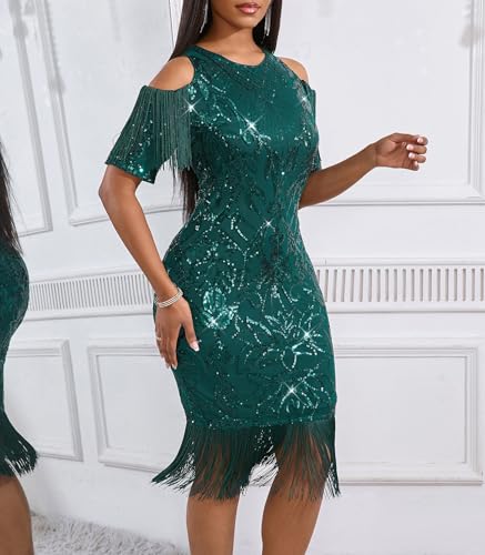 Image of Cololura Sexy Elegant Women Sequin Long Sleeve Tassel Bodycon Midi Dress Party Evening Gown Formal Dress