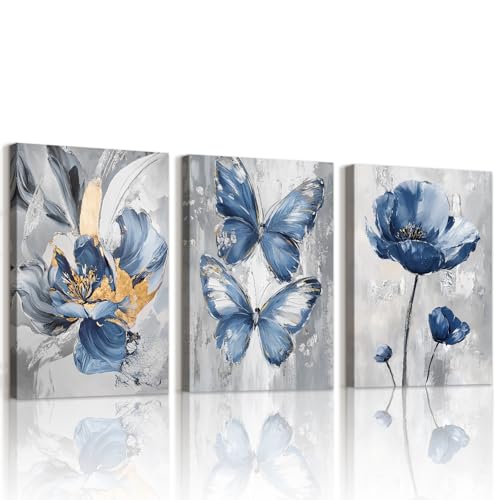 WENGTIAO 3 Piezas Mariposa Azul Flores Cuadros Enmarcados Vintage Abstracto Floral Mariposas Pintura sobre Lienzo Cuadros Decoracion Salon Modernos Dormitorios Decoracion Pared 30x40cm x3