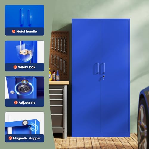 Image of Yizosh Metal Garage Storage Cabinet with 2 Doors and 5 Adjustable Shelves - 71 inch Steel Lockable File Cabinet,Locking Tool Cabinets for Office,Home,Garage,Gym,School (Blue)