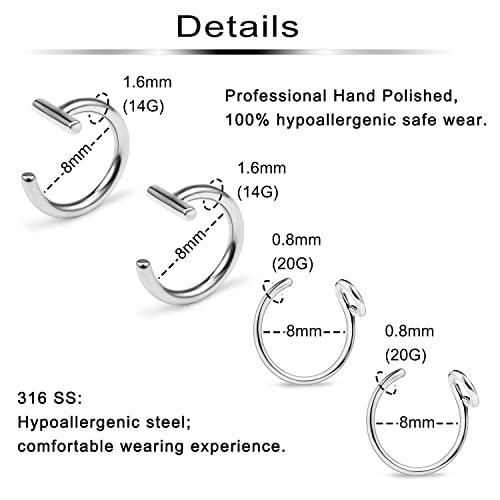 Ftovosyo Fake Lip Rings T Shaped Stainless Steel Gothic Clip on Non Piercing Nose Ring Double Cartilage Helix Earrings Ear Cuff for Women Men2