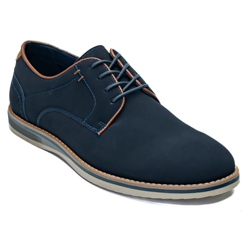Men's Classic Oxford Casual Shoes, Navy Blue Suede PU with Brown Trim, Comfort TPR Sole