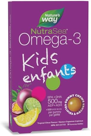 Nature's Way NutraSea Omega 3 Kids Gummy Chews Supplement with Fish Oil – Tropical Citrus Flavour – Brain, Bone & Immune Support for Kids Ages 3+ – 500mg EPA & DHA + 500IU Vitamin D3, 30 Gummies