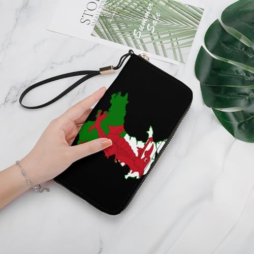 Flag Map of Wales Leather Wallet Fashion Bifold Purse Long Pouch with Wrist Strap for Men Women3